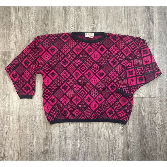 VTG 80s 90s Colors by Brooks Magenta Black Knit Cropped Pullover Sweater Sz Lrg - Picture 1 of 4